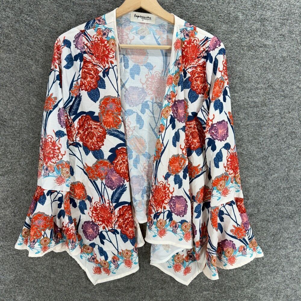 Impressions Top Women S Small White Floral Open Front Long Sleeve Breathable